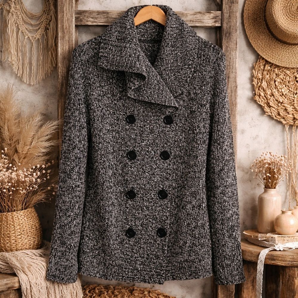 Effeci Women’s Black White Cardigan Button Knit Sweater Hat L/XL (No Sz Tag)